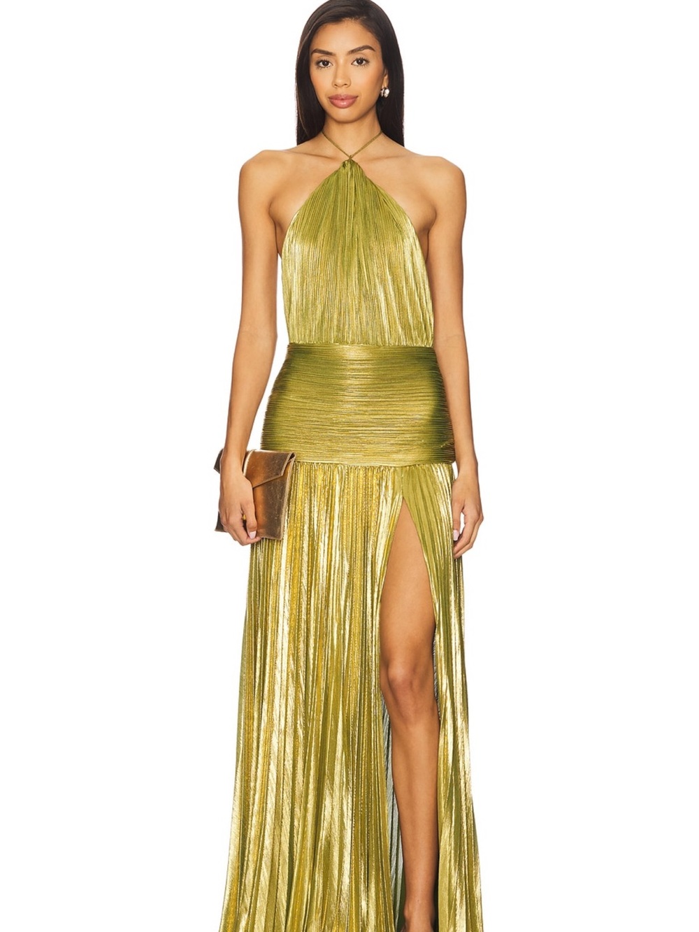 Retrofete Metallic Gold One-Shoulder Halter Gown with High Slit
